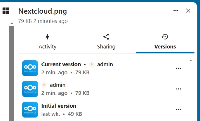 File nella cronologia delle versioni di Nextcloud Immagine: File nella cronologia delle versioni di Nextcloud