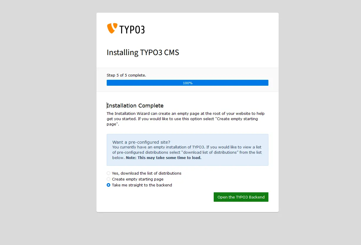 L’installazione di TYPO3 è completa Immagine: L’installazione di TYPO3 è completa