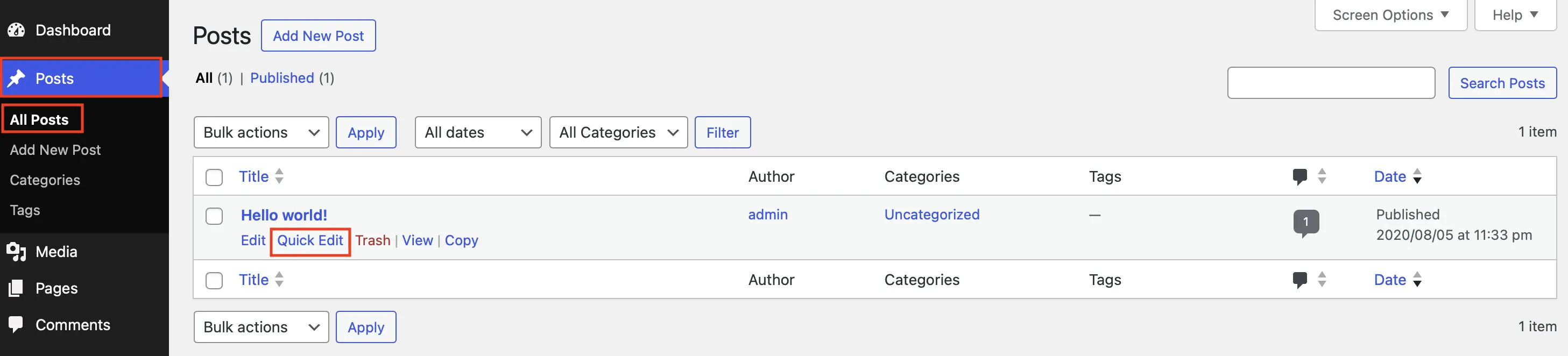 Bacheca di WordPress: “Articoli”, “Tutti gli articoli” con funzione “Modifica rapida” evidenziata Immagine: Bacheca di WordPress: “Articoli”, “Tutti gli articoli” con funzione “Modifica rapida” evidenziata