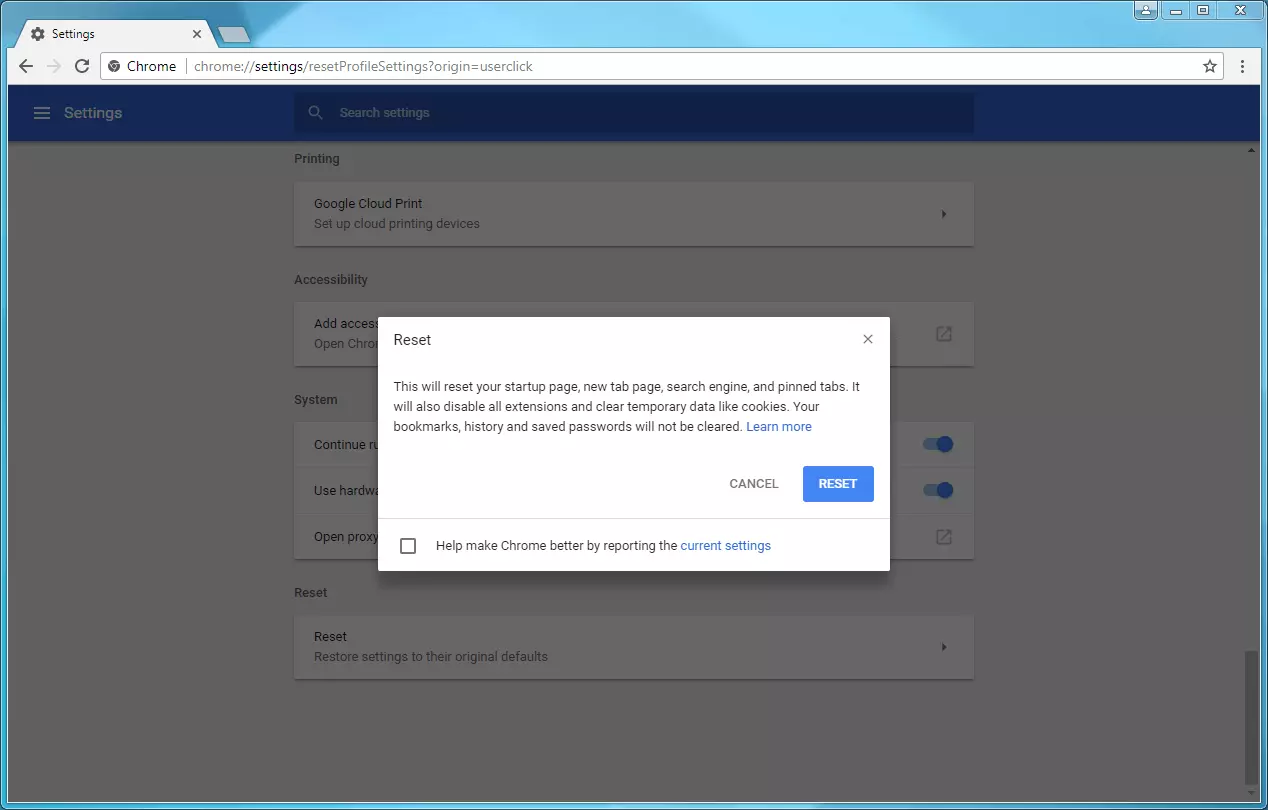 Immagine: La finestra del ripristino delle impostazioni con il browser Chrome