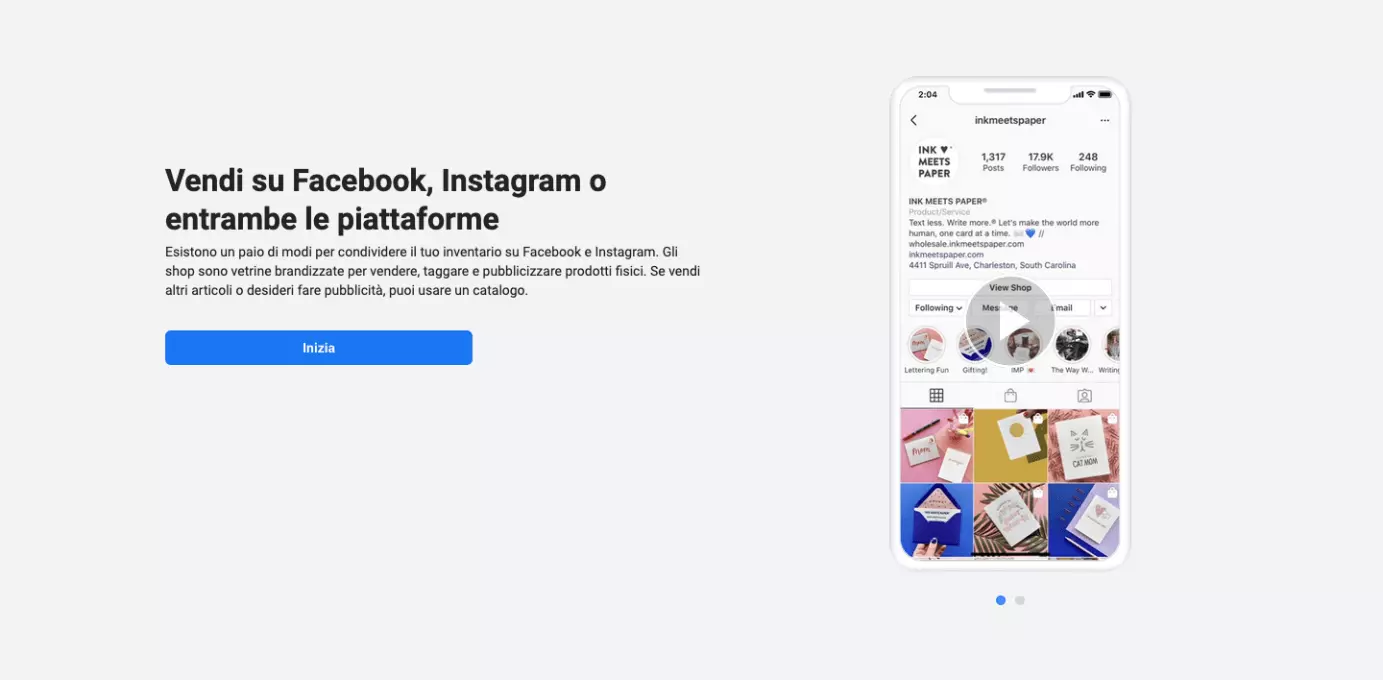 Gestore delle vendite di Facebook: pagina iniziale per creazione shop