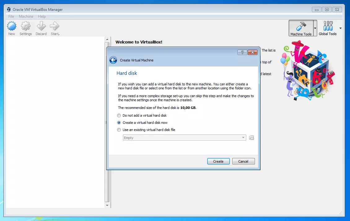 Oracle VM VirtualBox Manager: Scelta del disco fisso virtuale