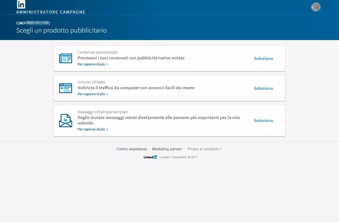 Immagine: Pagina di benvenuto dell’amministratore campagne di LinkedIn