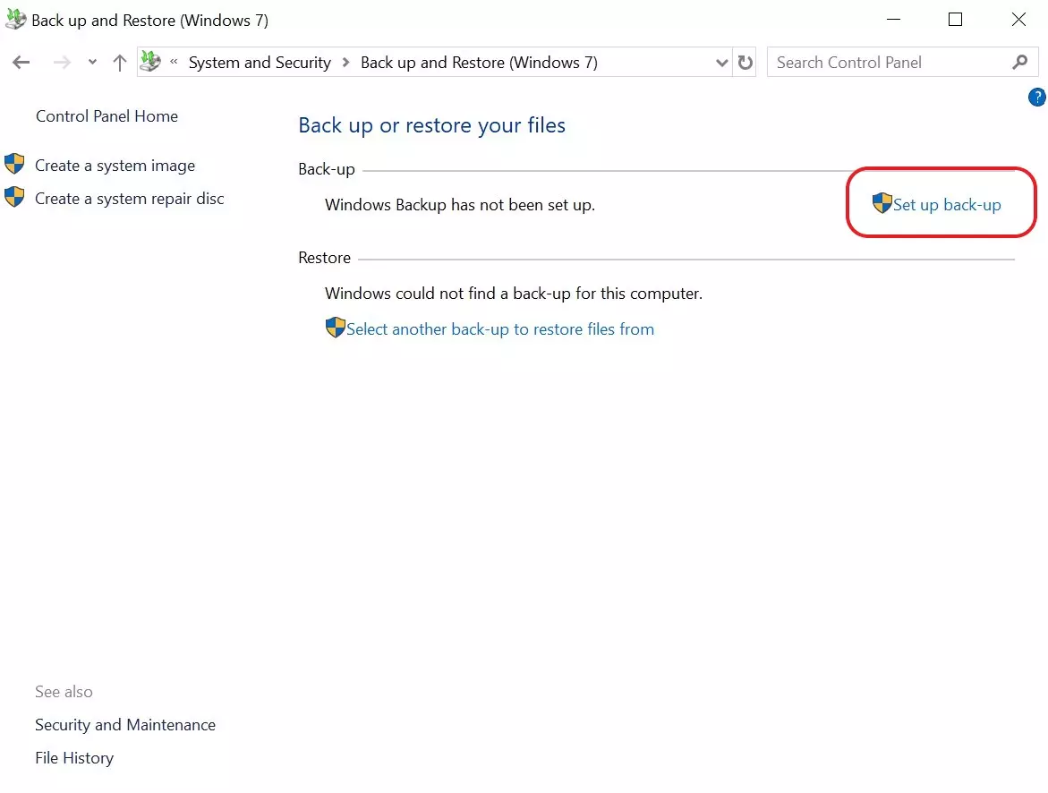 Immagine: Collegamento a “Configura Backup” nelle impostazioni di backup