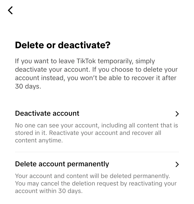 Immagine: Finestra di TikTok: richiesta di eliminazione o disattivazione