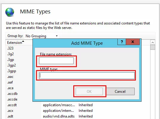 Gestore IIS: finestra di dialogo per l’aggiunta del tipo MIME Gestore IIS: finestra di dialogo per l’aggiunta del tipo MIME