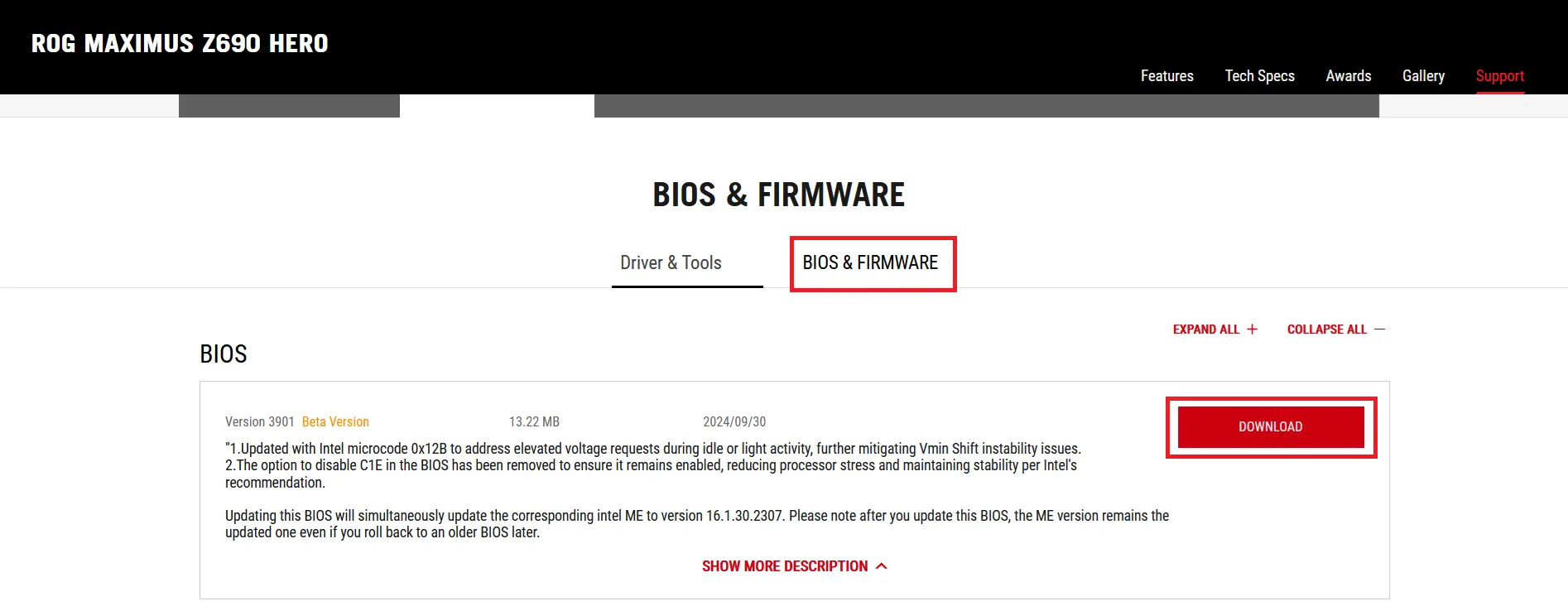 Immagine: Sito web ASUS: download della versione aggiornata del BIOS