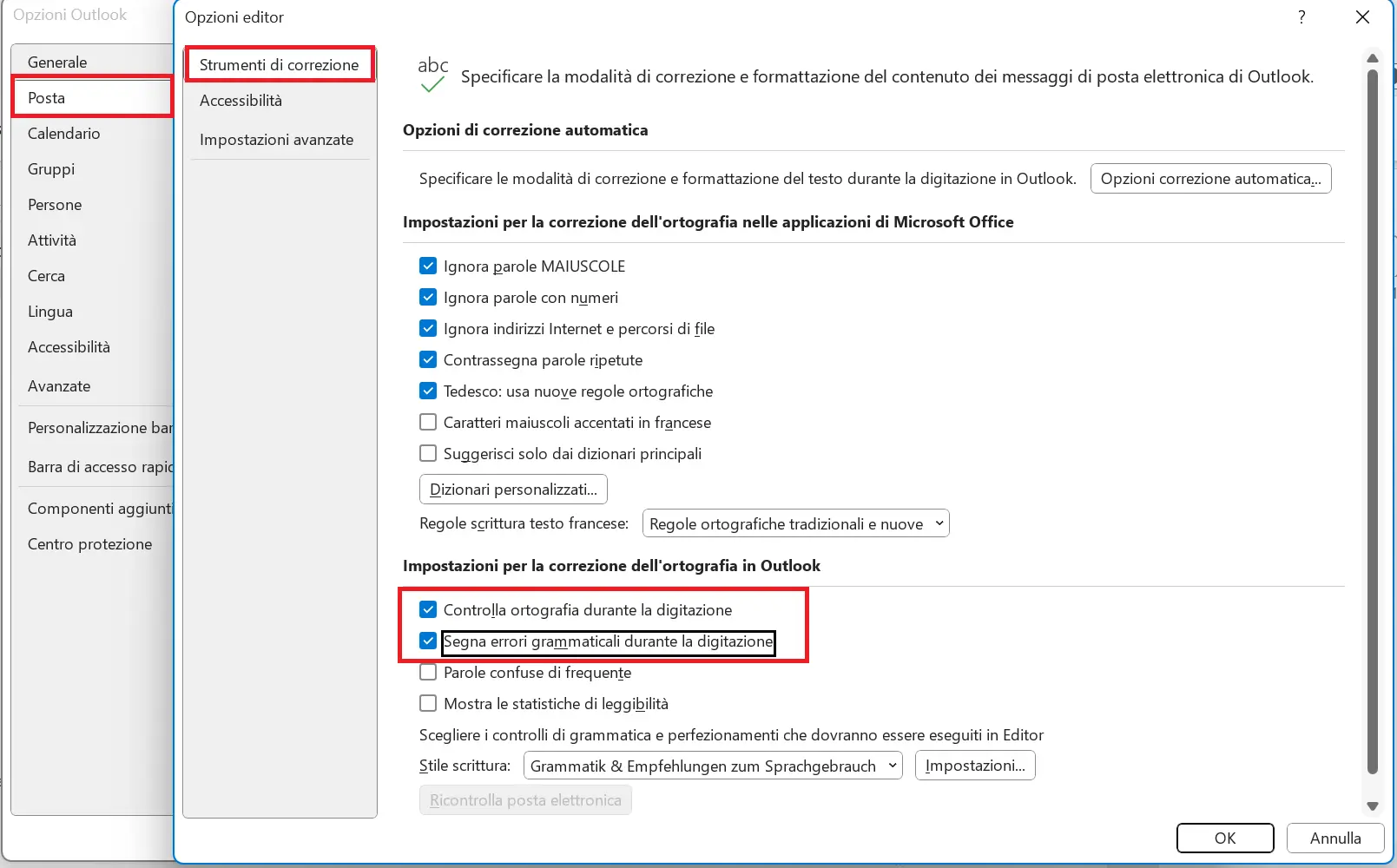 Immagine: Outlook: menu delle impostazioni dell’editor