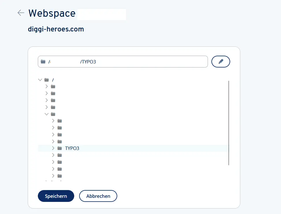 Esplora directory dello spazio web con il percorso dell’installazione di TYPO3 Immagine: Esplora directory dello spazio web con il percorso dell’installazione di TYPO3