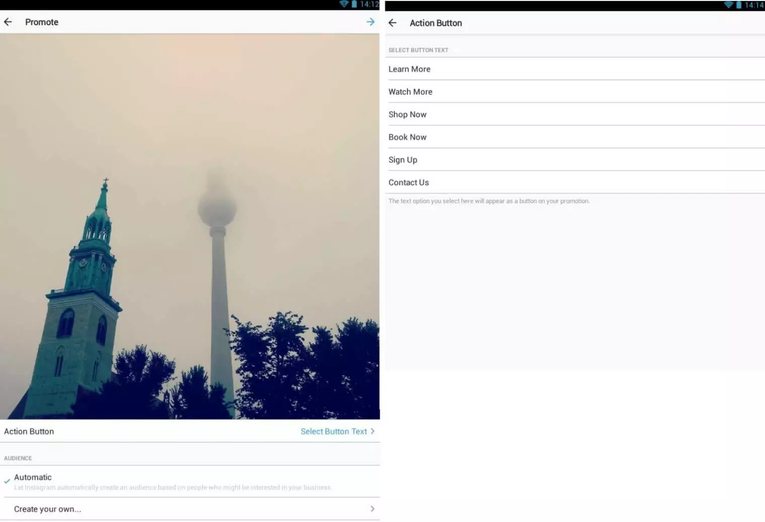 visualizzazione delle opzioni dei pulsanti di invito all’azione su Instagram, in inglese