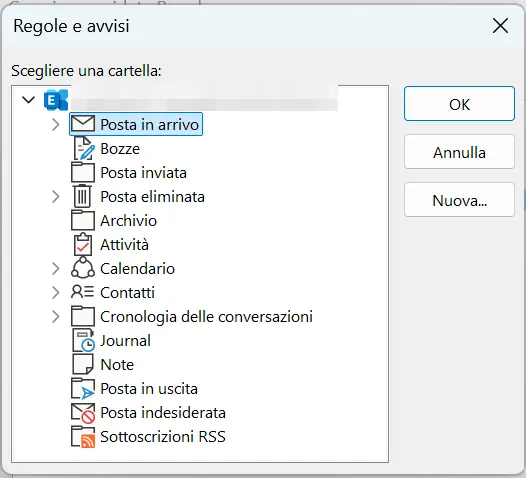 Creazione guidata Regole di Outlook: selezione della cartella Immagine: Creazione guidata Regole di Outlook: selezione della cartella