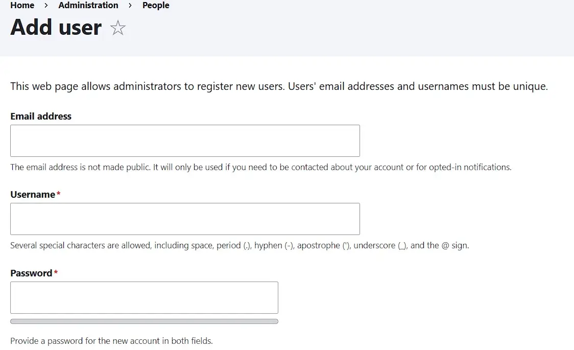 Menu di Drupal per la creazione di un nuovo account utente Immagine: Menu di Drupal per la creazione di un nuovo account utente