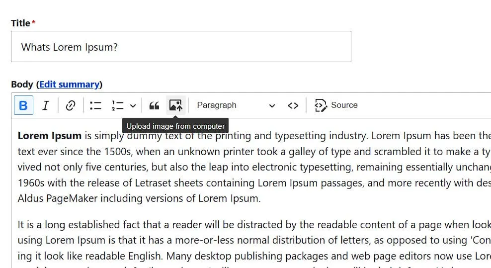 Editor di Drupal: “Upload image from computer” (carica immagine dal computer) Immagine: Editor di Drupal: “Upload image from computer” (carica immagine dal computer)