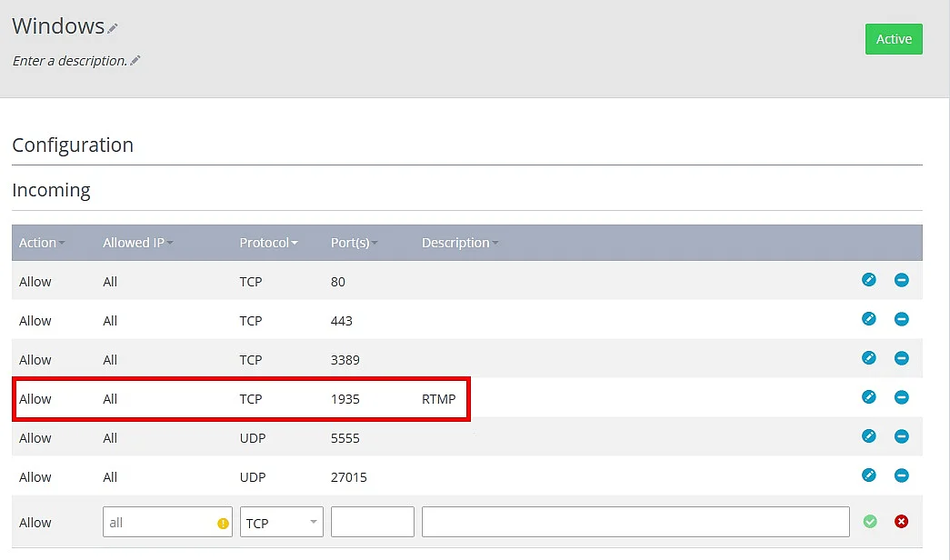 Cloud Panel: impostazione del firewall del server con porta condivisa per RTMP Immagine: Cloud Panel: impostazione del firewall del server con porta condivisa per RTMP