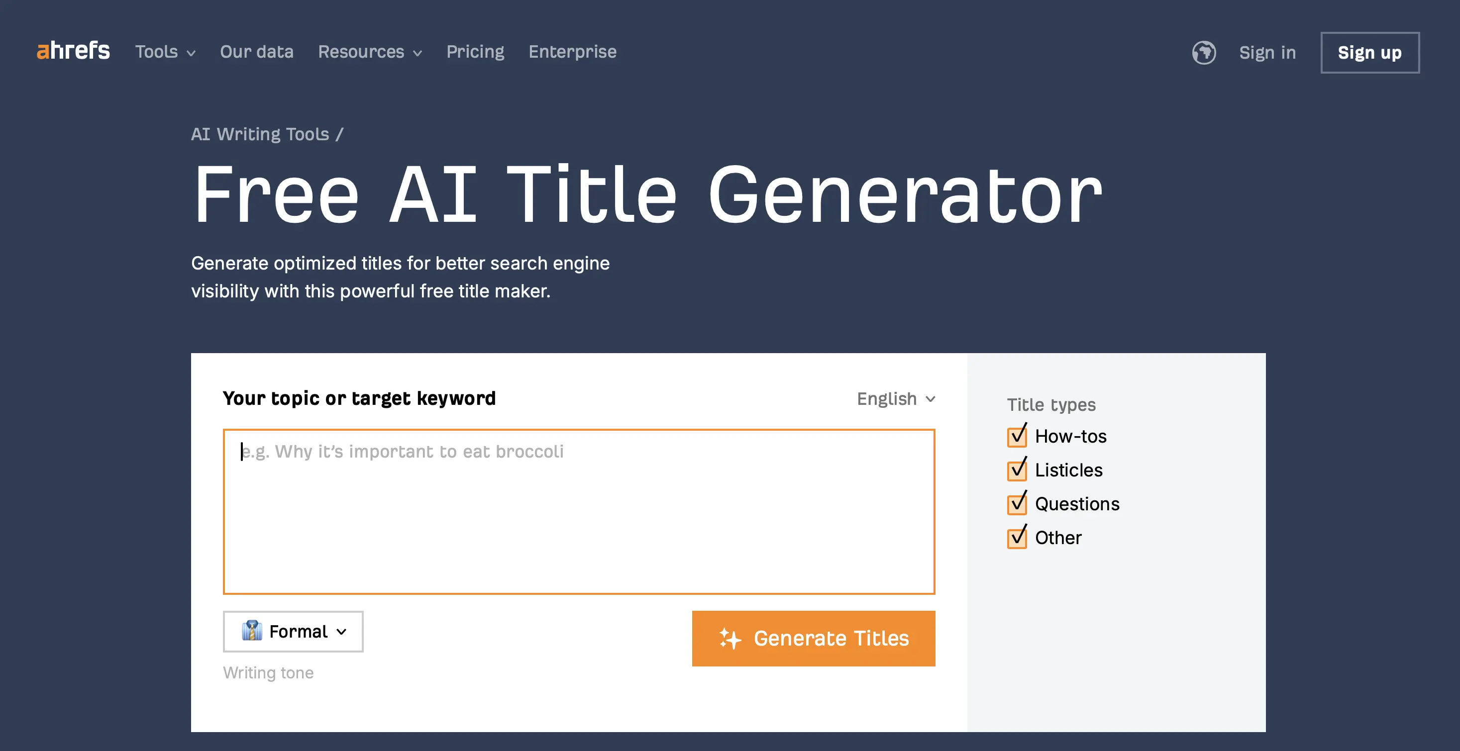 Immagine: Free AI Title Generator di Ahrefs