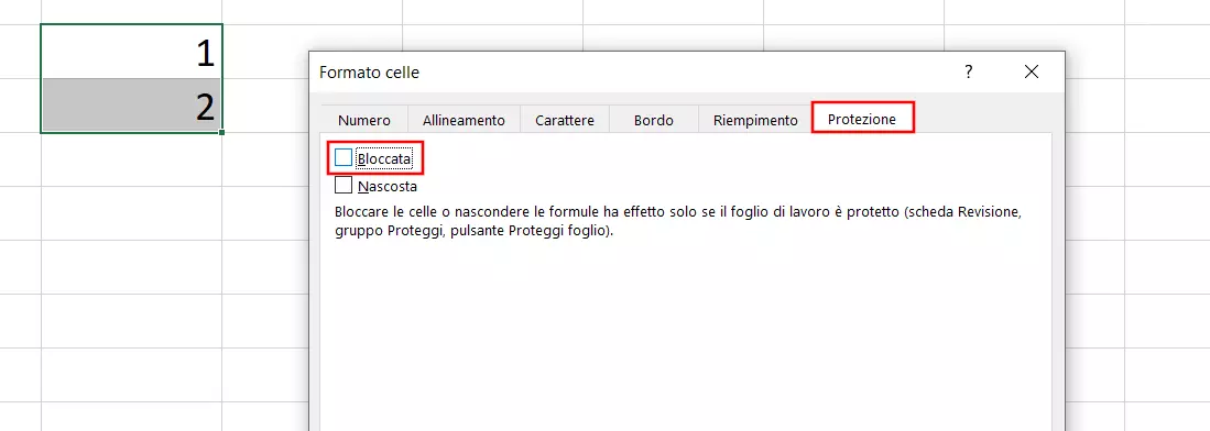 Immagine: Schermata della finestra di dialogo denominata formato celle, con aperta la tab protezione