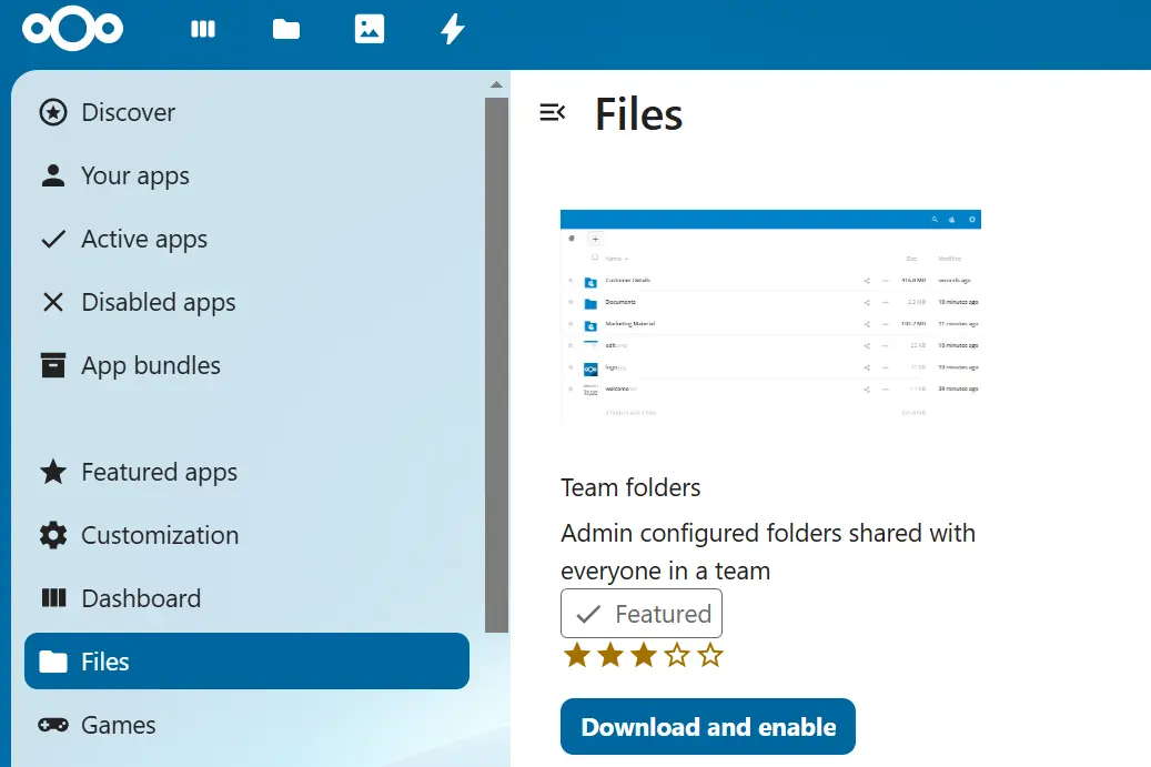 App “Team folders” nell’App Store di Nextcloud Immagine: App “Team folders” nell’App Store di Nextcloud