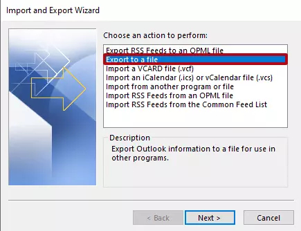 Procedura guidata di importazione/esportazione di Outlook: “Esporta in un file”