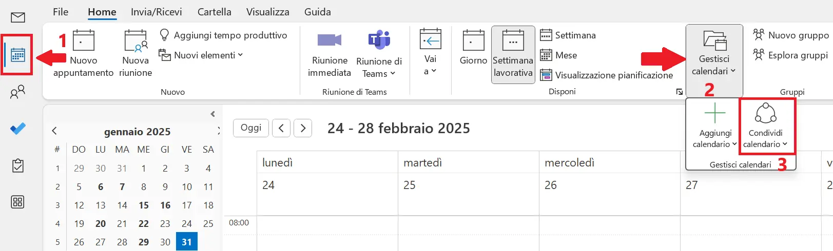 Immagine: Outlook: barra degli strumenti per la visualizzazione del calendario nella scheda “Home”