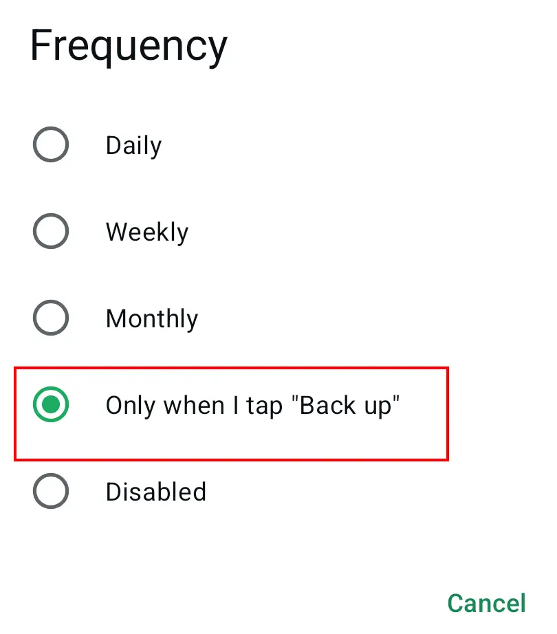 Immagine: Menu di backup delle chat di WhatsApp con le impostazioni dell’account Google