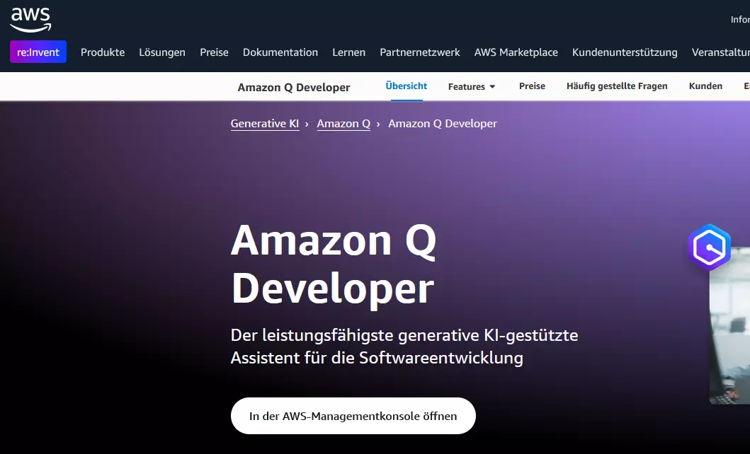 Screenshot del sito web di Amazon Q Developer Immagine: Screenshot del sito web di Amazon Q Developer