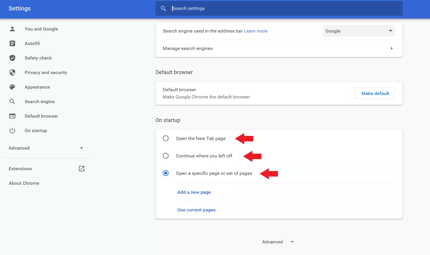 Chrome offre tre possibilità di modifica della pagina iniziale di avvio del browser