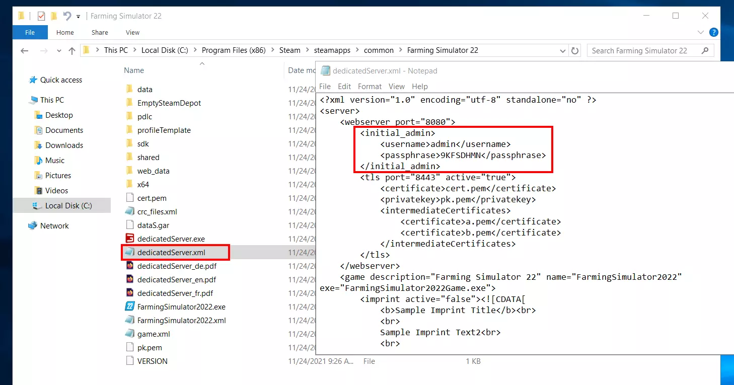 File “dedicatedServer.xml” di Farming Simulator 22