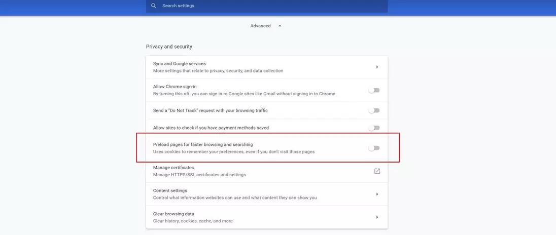 Menu "Privacy and Security" in Google Chrome