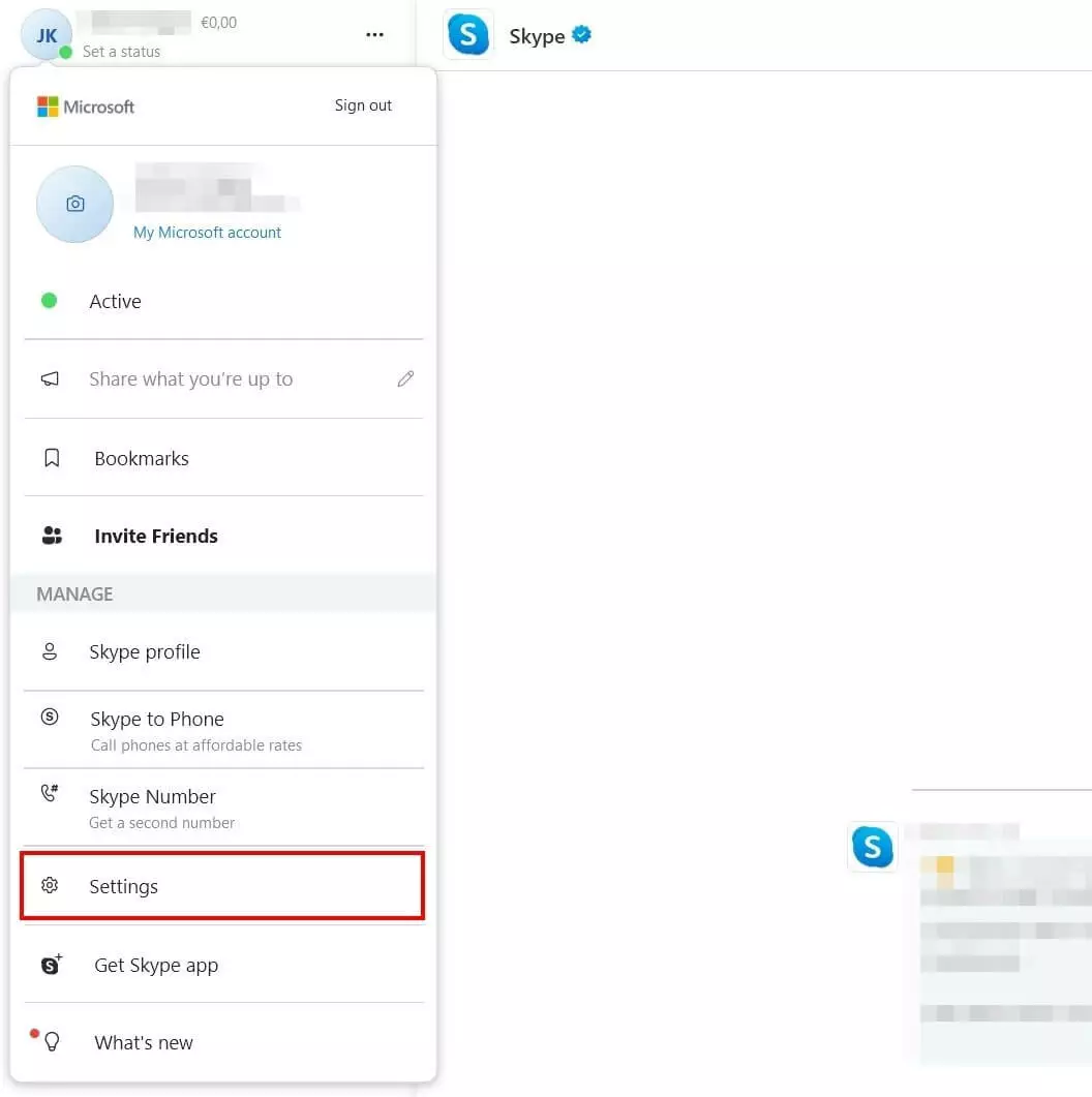 Immagine: Skype: voce del menu “Impostazioni”