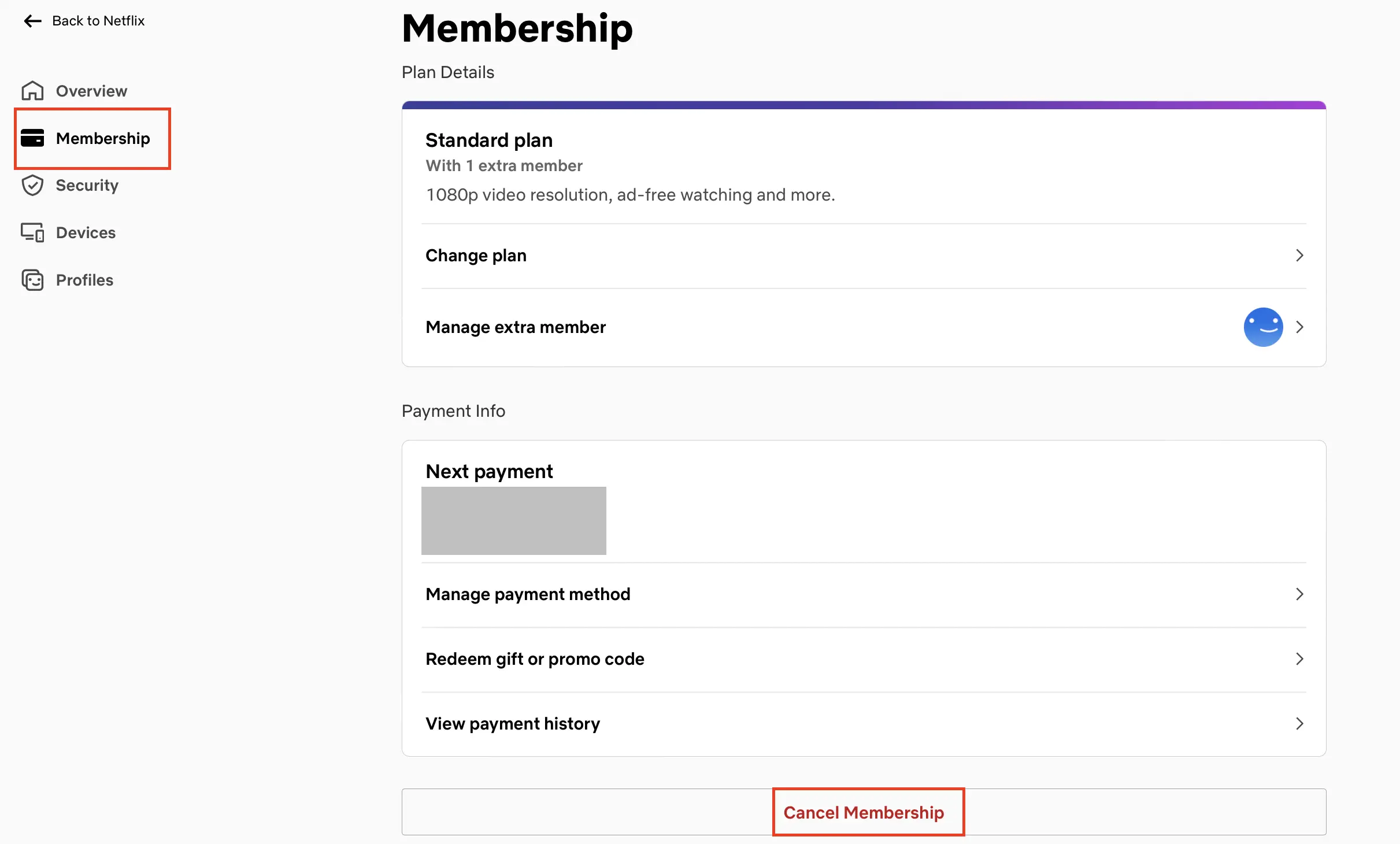 Immagine: Visualizzazione dell’account Netflix con l’opzione per eliminare l’account e quindi disdire l’abbonamento