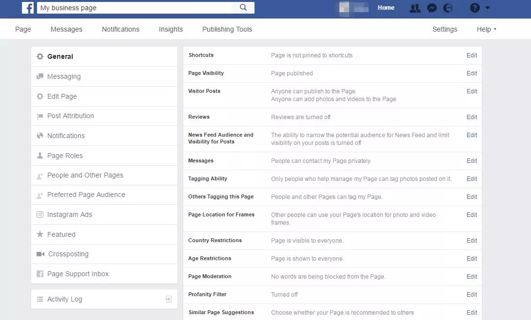 Visualizzazione della pagina Facebook per il collegamento dei profili Facebook e Instagram