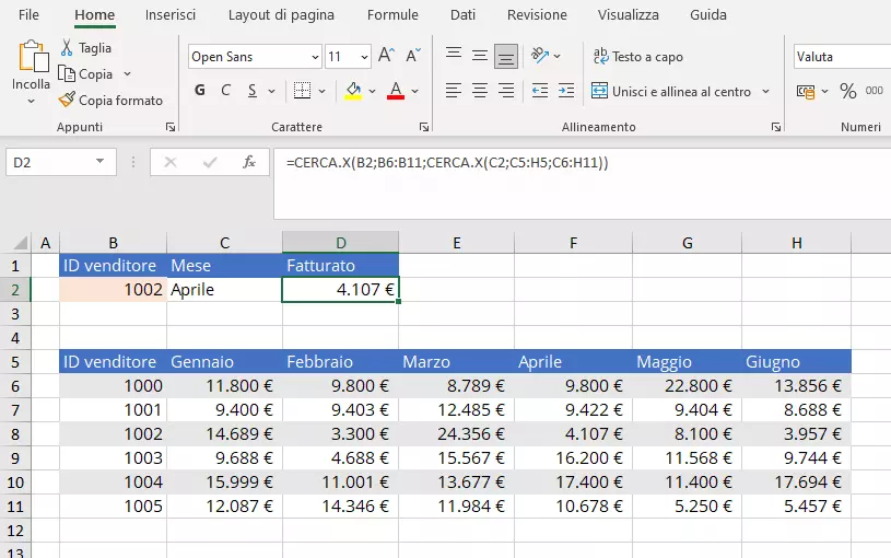 Immagine: Funzione CERCA.X di Excel nidificata