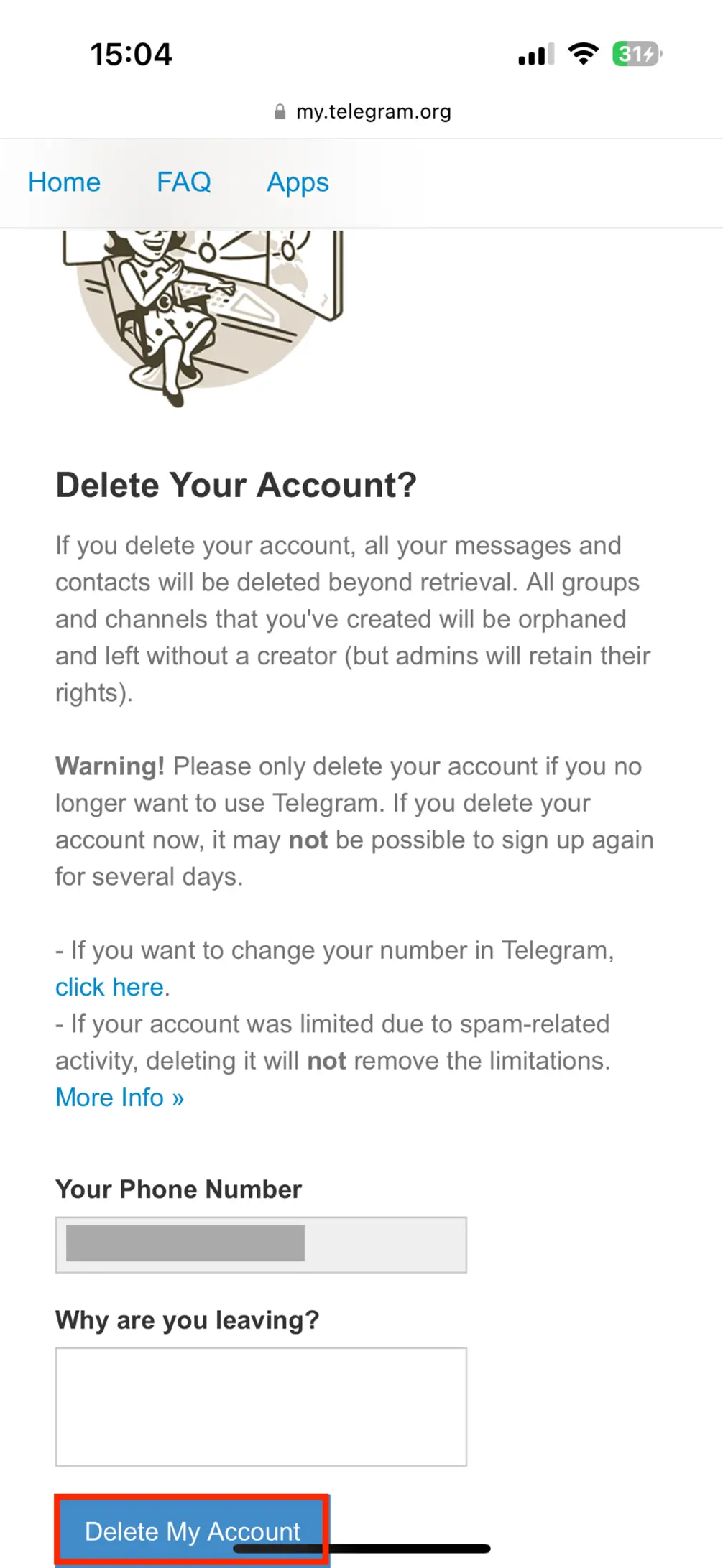 Sito web di Telegram: conferma con “Elimina account“ Immagine: Sito web di Telegram: conferma con “Elimina account“