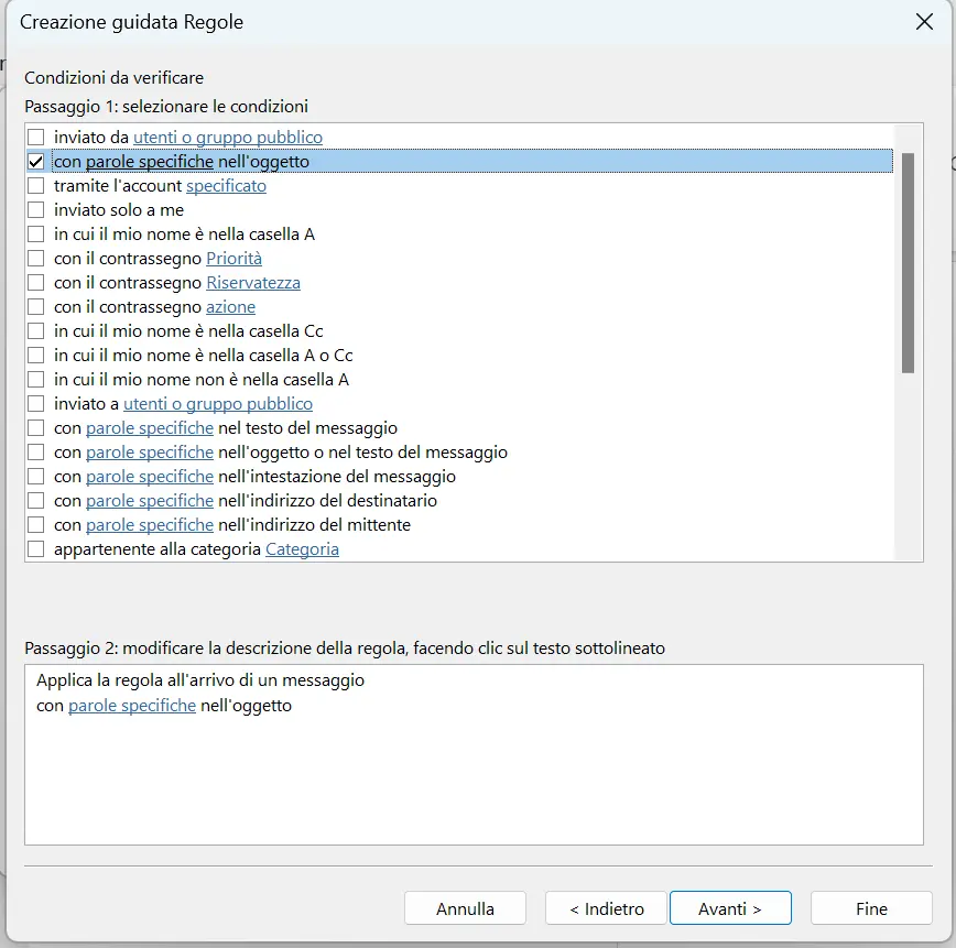 Creazione guidata Regole: selezione della condizione Immagine: Creazione guidata Regole: selezione della condizione