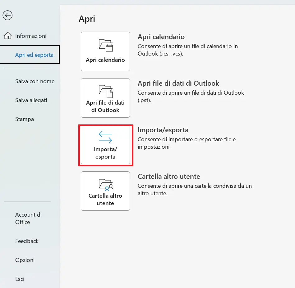 Immagine: Sottomenu “Importa/esporta” in Outlook 365