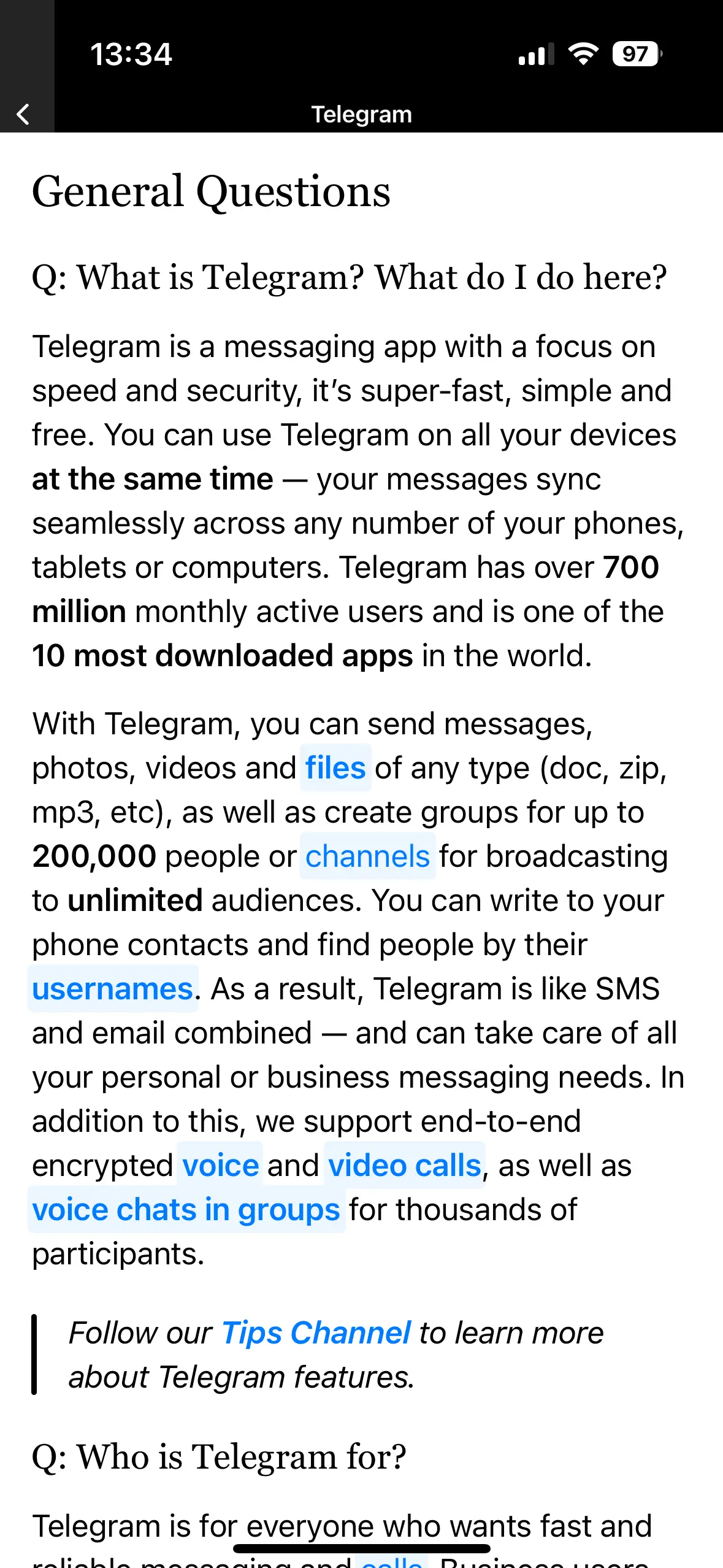 FAQ dell’app Telegram Immagine: FAQ dell’app Telegram