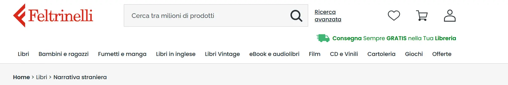 Screenshot della navigazione a briciole di pane del sito di Feltrinelli Immagine: Screenshot della navigazione a briciole di pane del sito di Feltrinelli