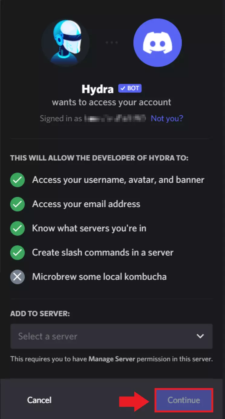 Selezionate il server desiderato e assegnate al bot i permessi necessari facendo clic su “Continua”
