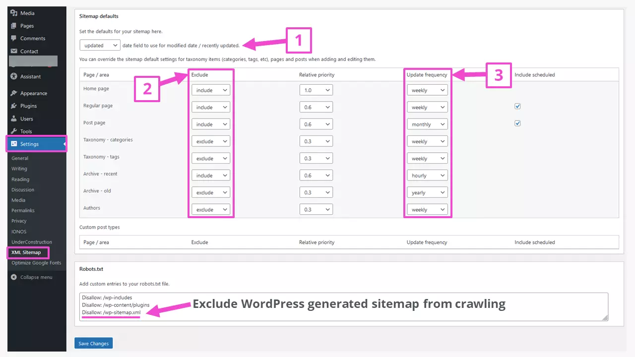 Parte inferiore dell’interfaccia di amministrazione del plugin “XML Sitemap Generator for Google”