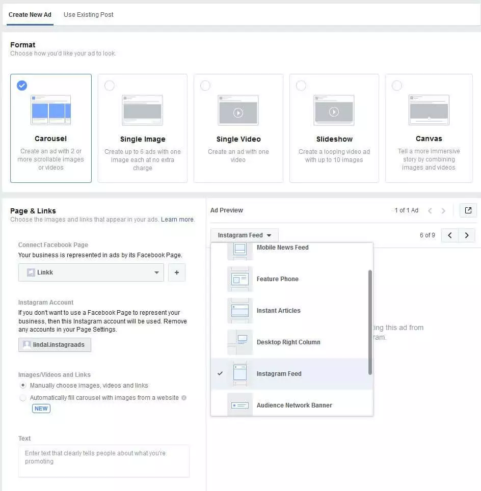interfaccia di Ads Create Tool: posizionamento degli annunci