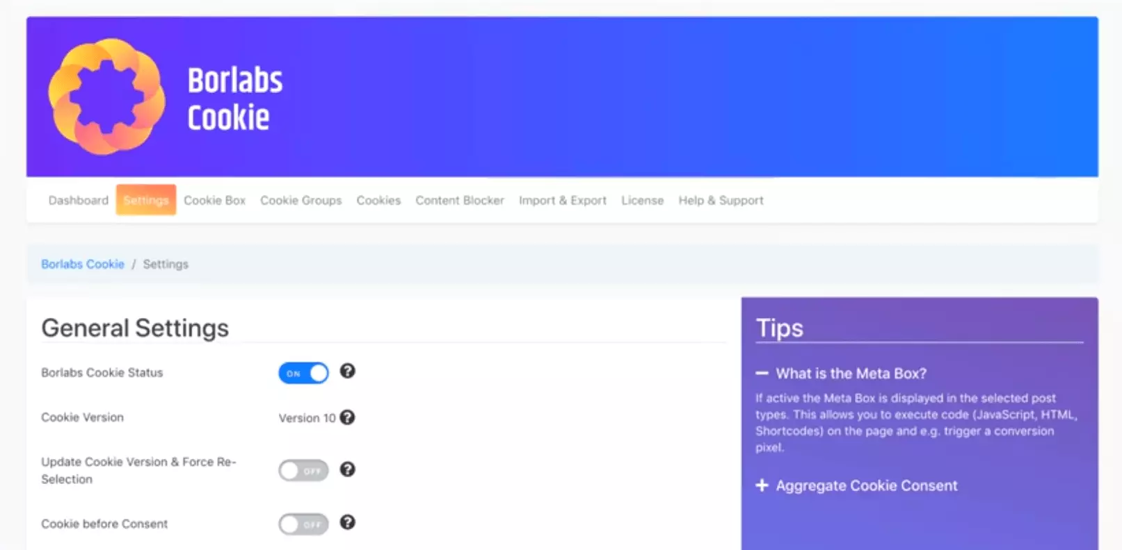 Cookie box di Borlabs: impostazioni generali