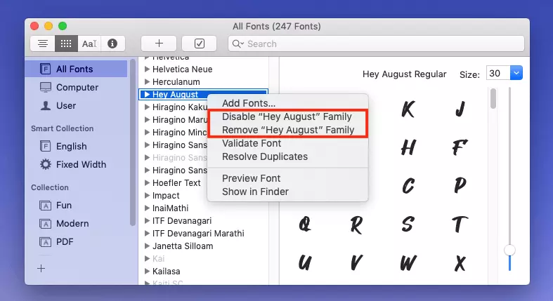 Immagine: Mac: installare font: disabilitare o rimuovere un font