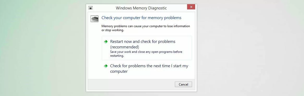 Diagnostica memoria di Windows: finestra iniziale
