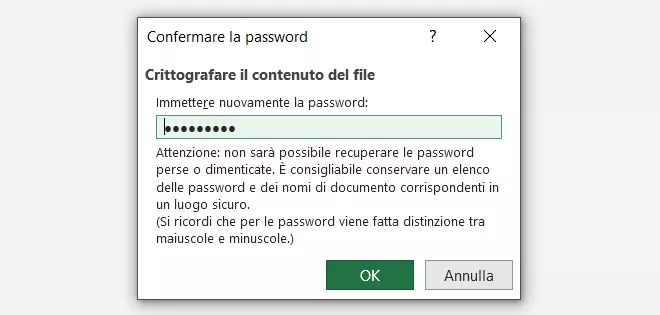 Immagine: Schermata della finestra di dialogo denominata Confermare la password