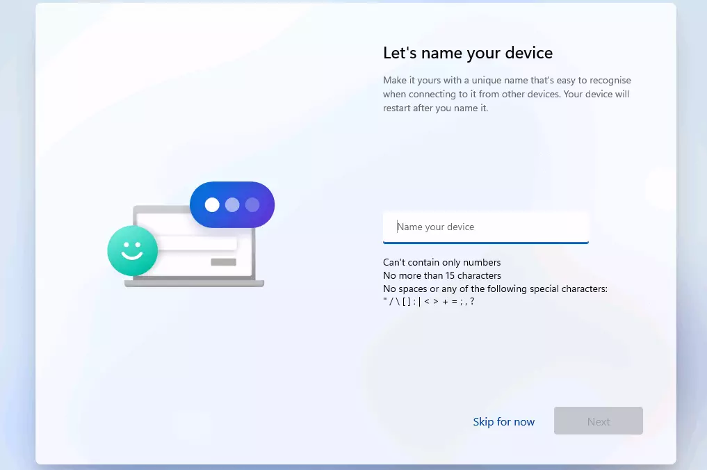 Immagine: Installazione di Windows 11: dare un nome al dispositivo