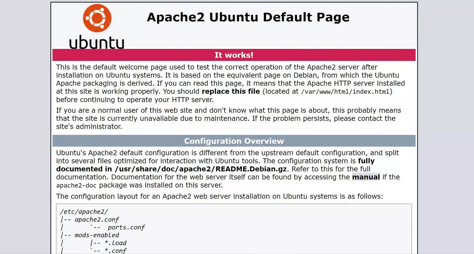 Browser: pagina predefinita di Apache su Ubuntu Browser: pagina predefinita di Apache su Ubuntu