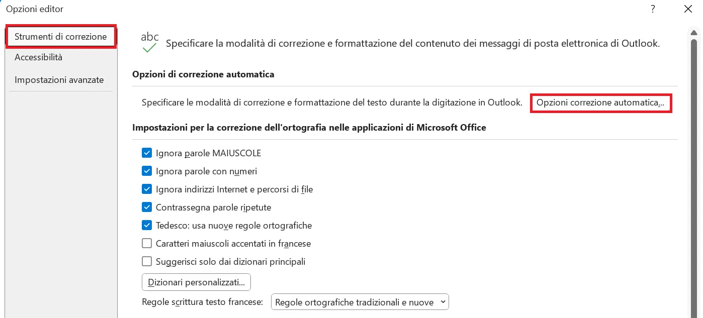 Opzioni dell’editor di Outlook: sezione “Strumenti di correzione” Immagine: Opzioni dell’editor di Outlook: sezione “Strumenti di correzione”