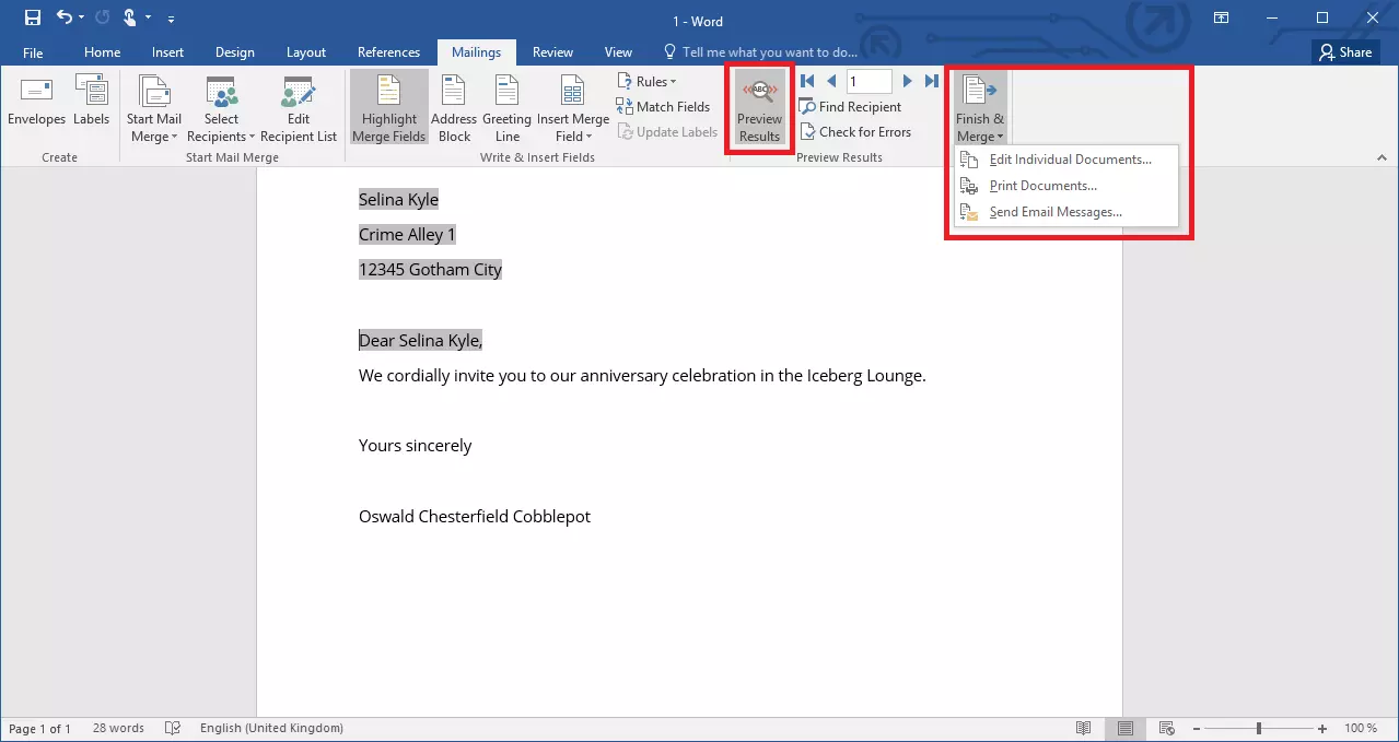 Menu di selezione delle funzioni per concludere una stampa unione in Word