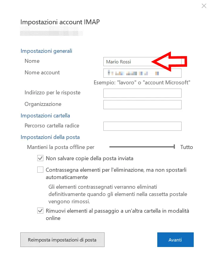 Immagine: Cambiare il mittente di Outlook: inserire il nome alternativo
