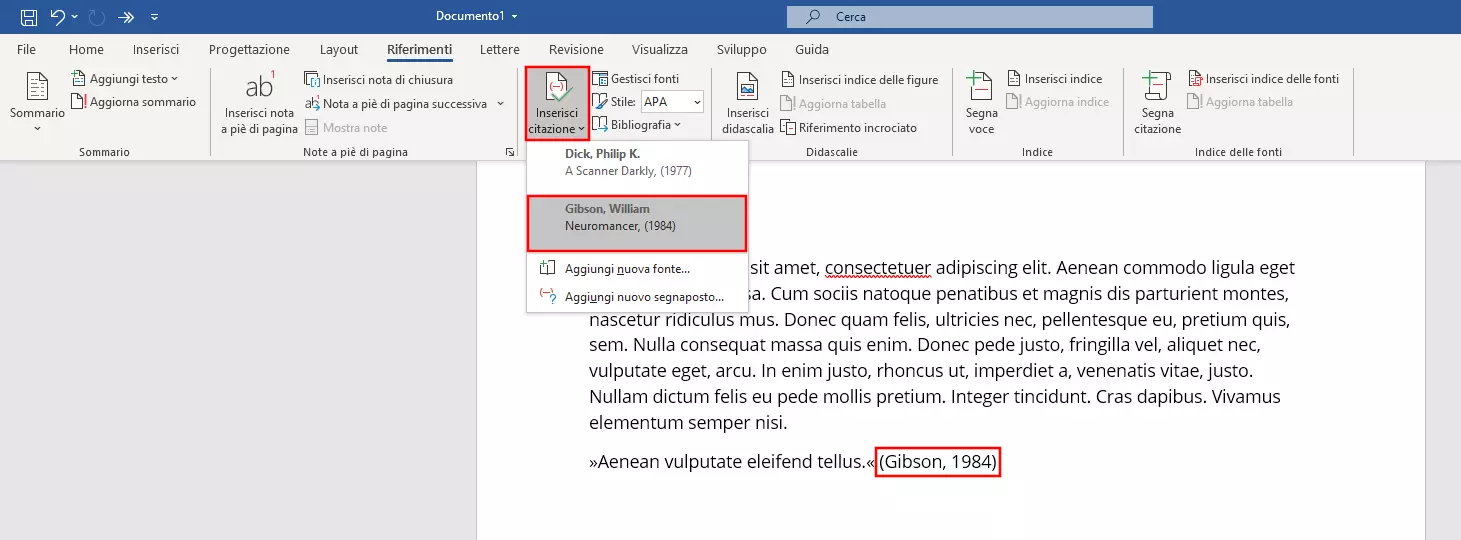 Menu per inserire una citazione in Word